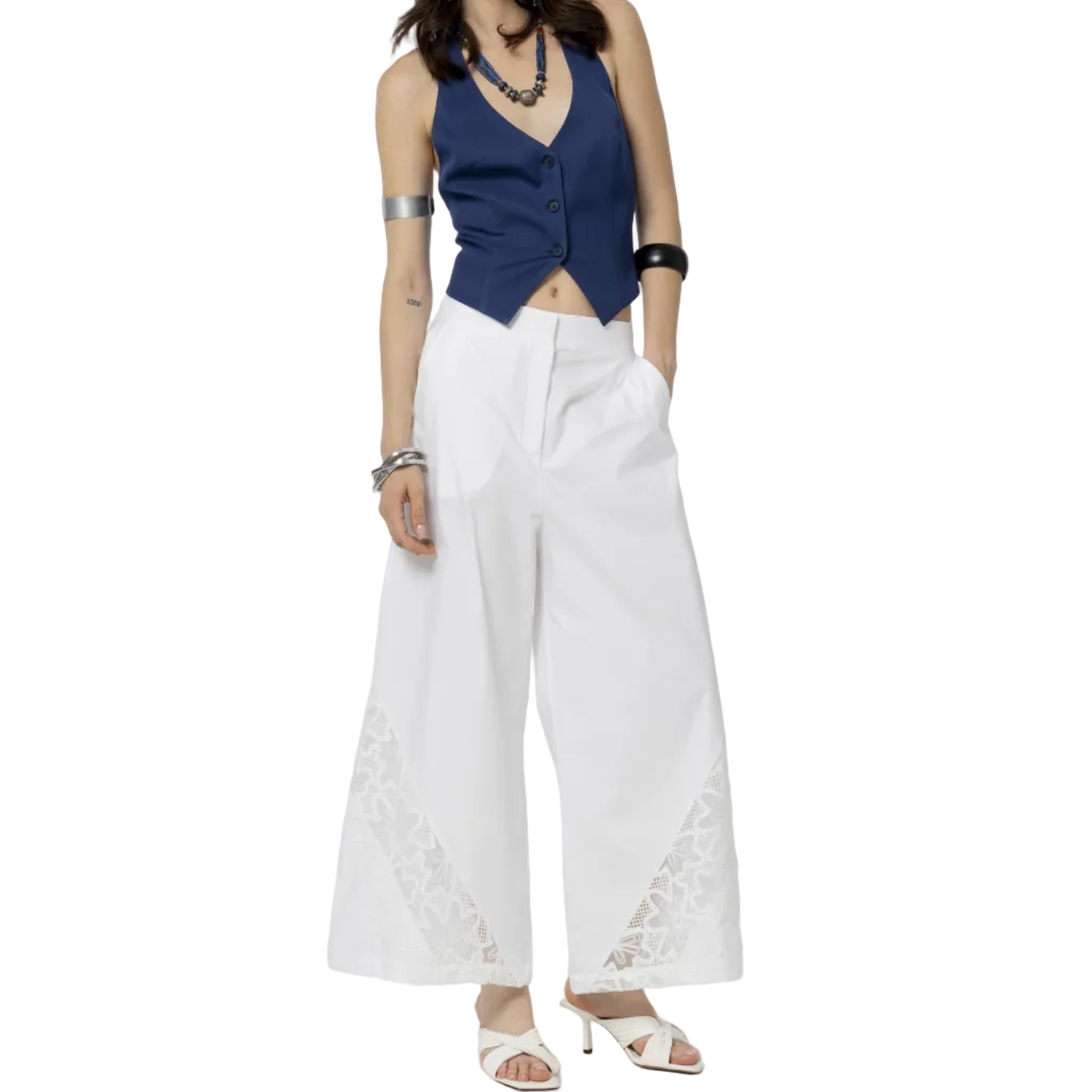 Pantaloni in Cotone con Dettaglio in Pizzo
