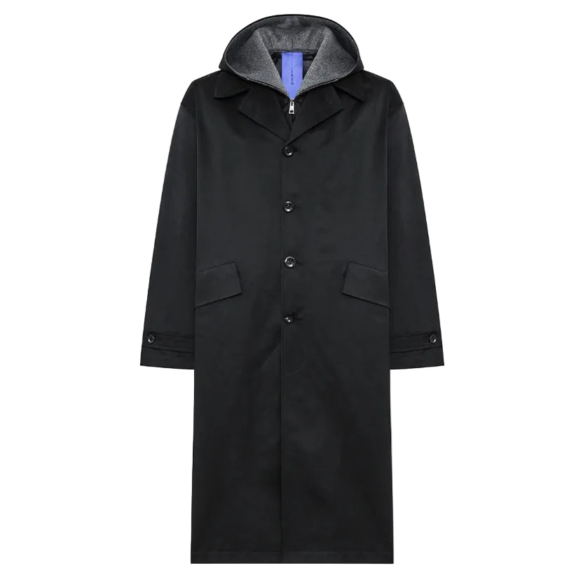 CAPPOTTO LUNGO OVERSIZE IN TESSUTO COMPATTO DI MICROFIBRA CON CAPPUCCIO E GILET INTERNO IN LANA TECNICA