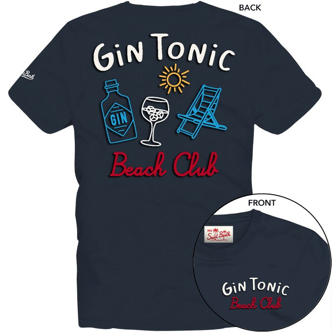 T-shirt Portland blu con ricamo Gin Tonic Beach Club fronte e retro