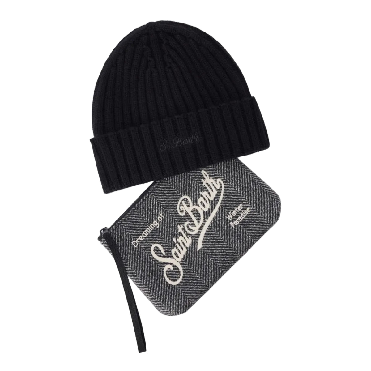 Set pochette con motivo spigato e berretto