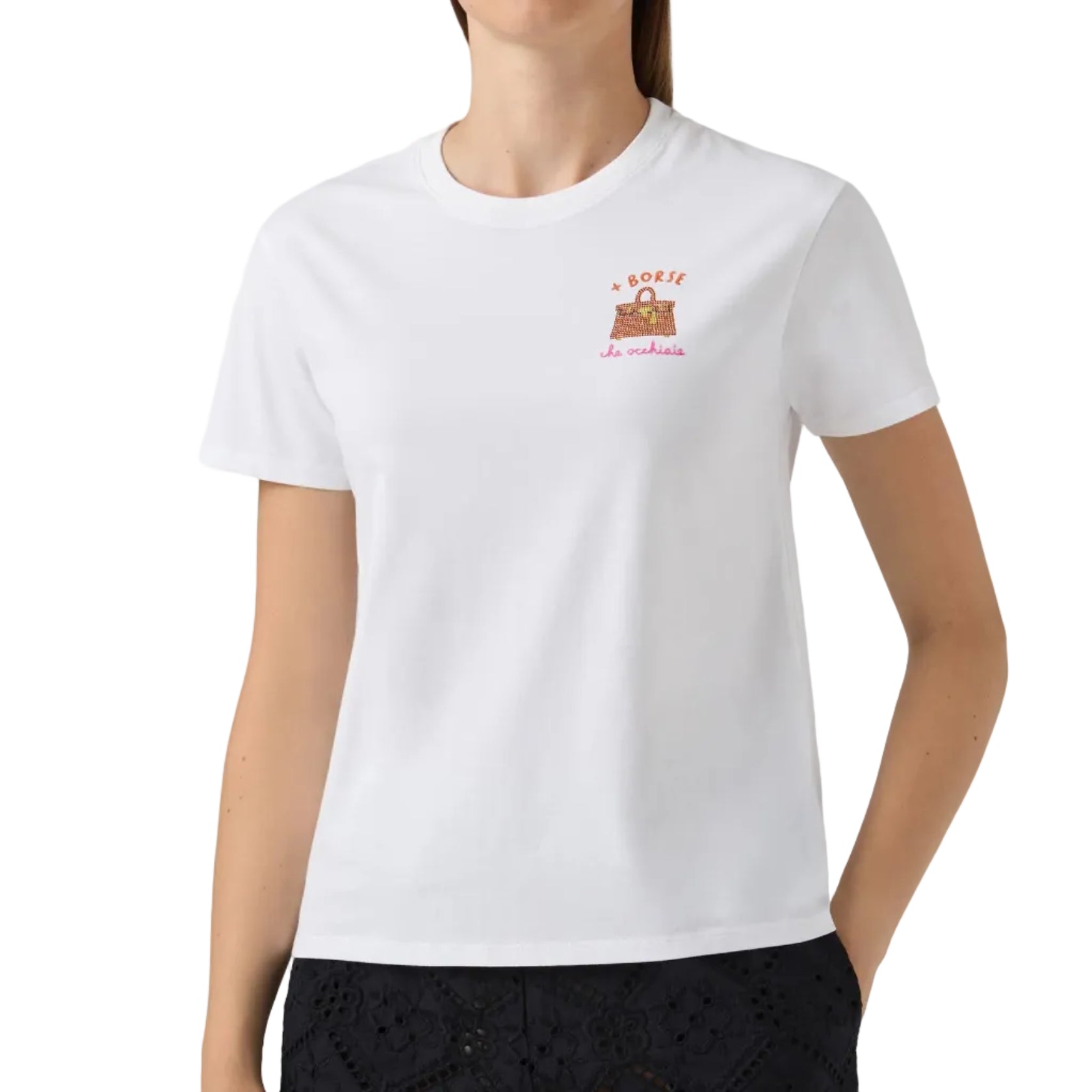 T-shirt Emilie bianca con ricamo + Borse che occhiaie e strass