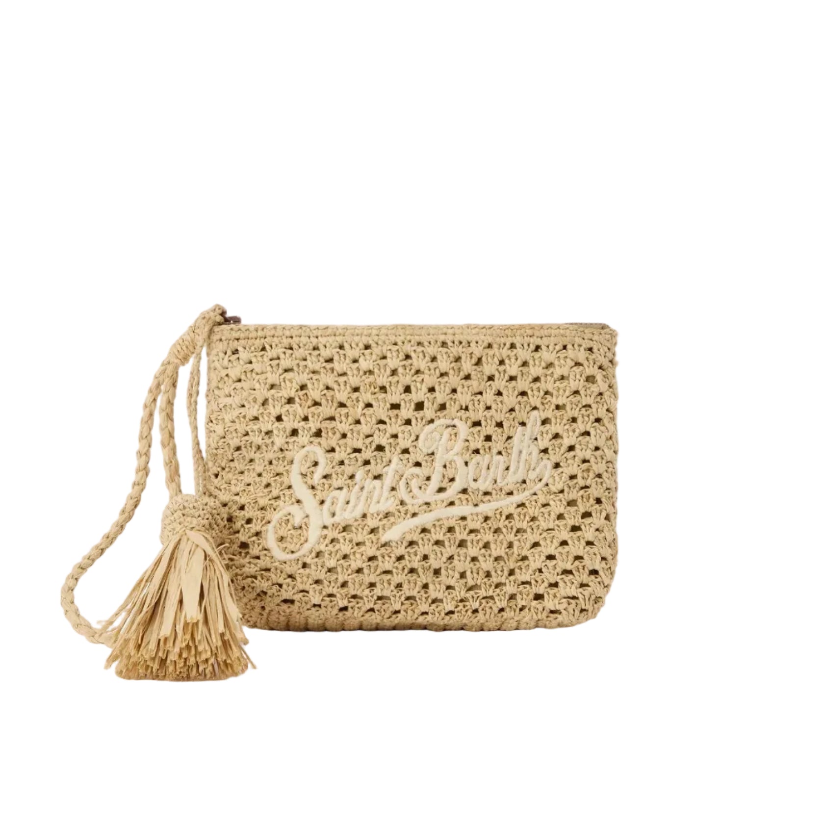 Pouch in rafia intrecciata naturale con logo ricamato