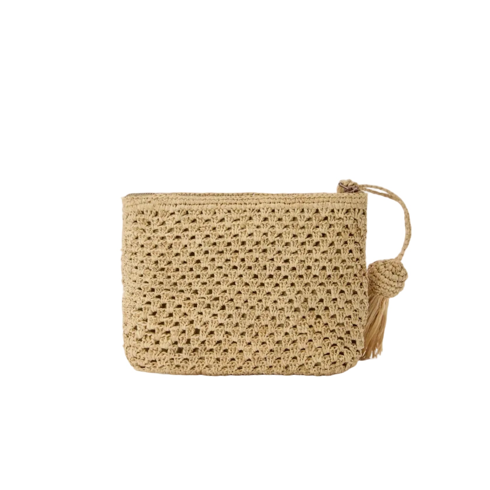 Pouch in rafia intrecciata naturale con logo ricamato
