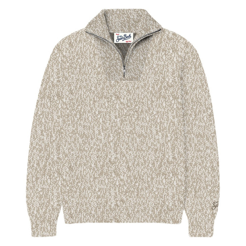 Maglia Wesley beige in lana con mezza zip e lavorazione mouliné