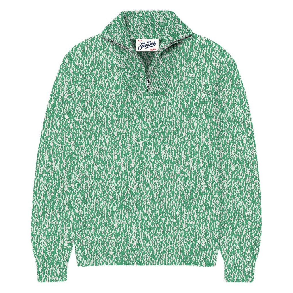 Maglia Wesley verde in lana con mezza zip e lavorazione mouliné