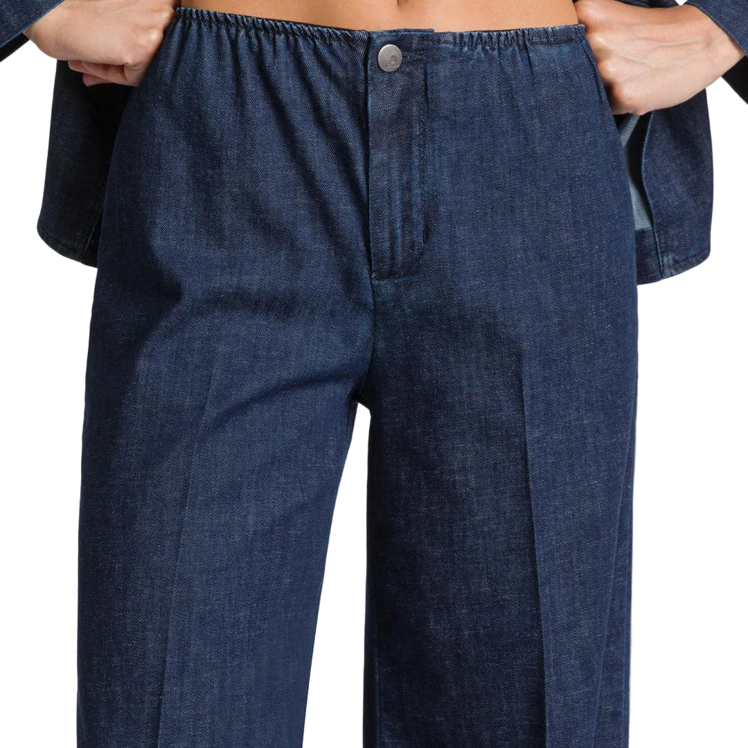 Pantalone a Palazzo con Cinta Elastica in Denim
