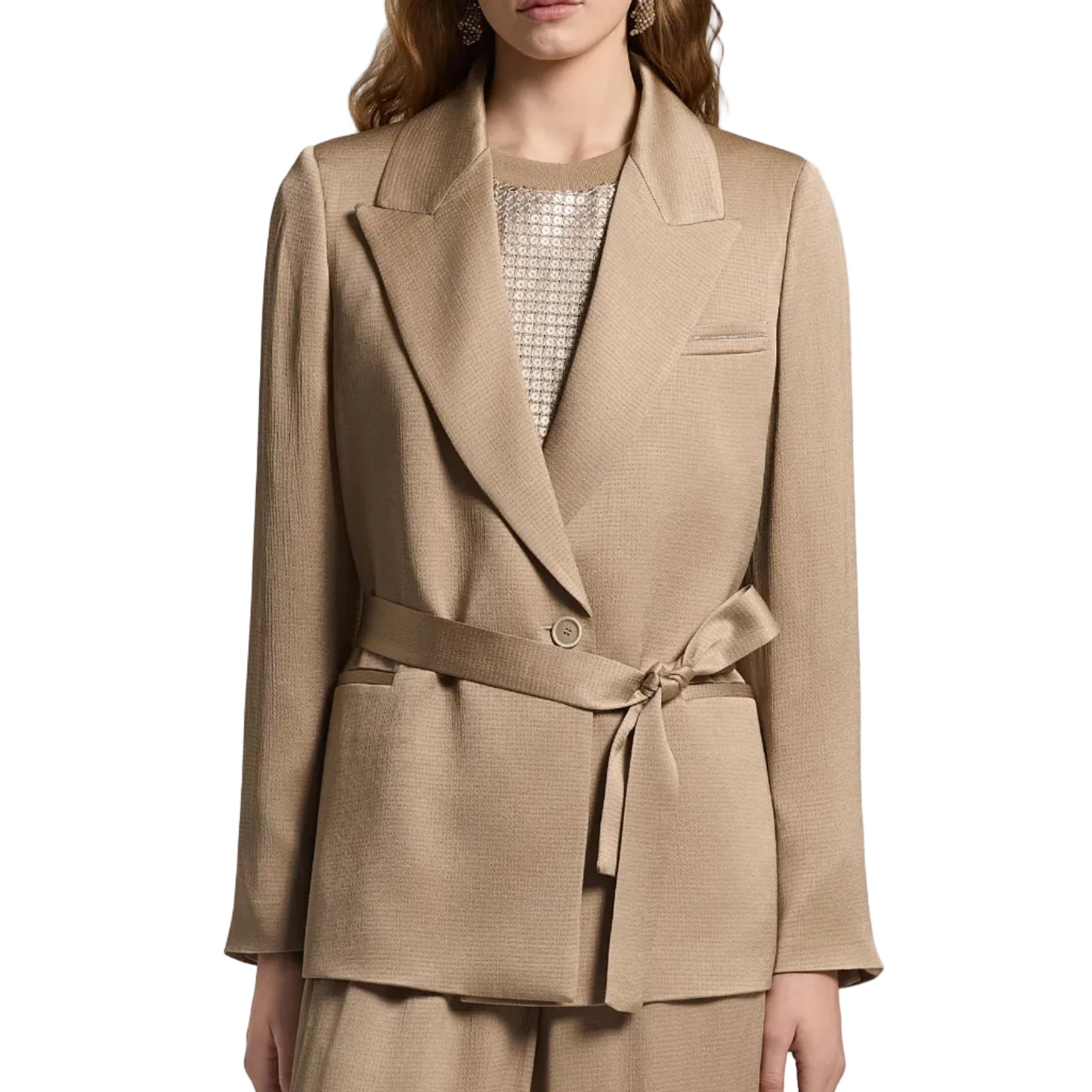 Blazer con cintura in raso martellato di viscosa