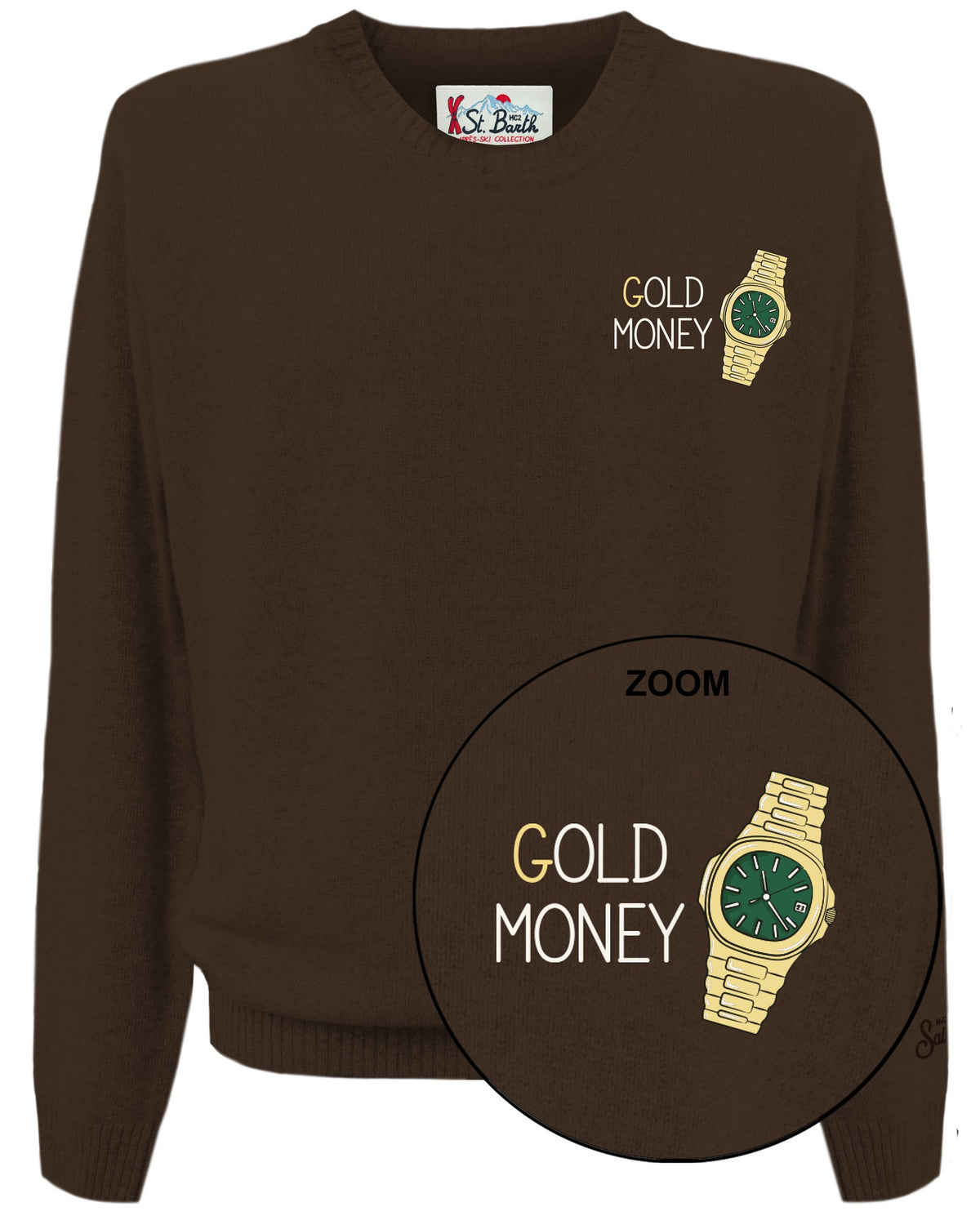 Maglia girocollo Heron Light marrone in misto lana e cashmere con ricamo Gold Money