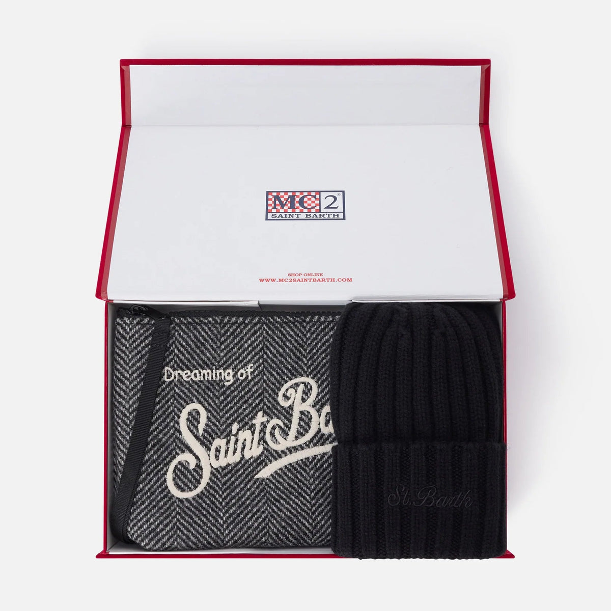 Set pochette con motivo spigato e berretto