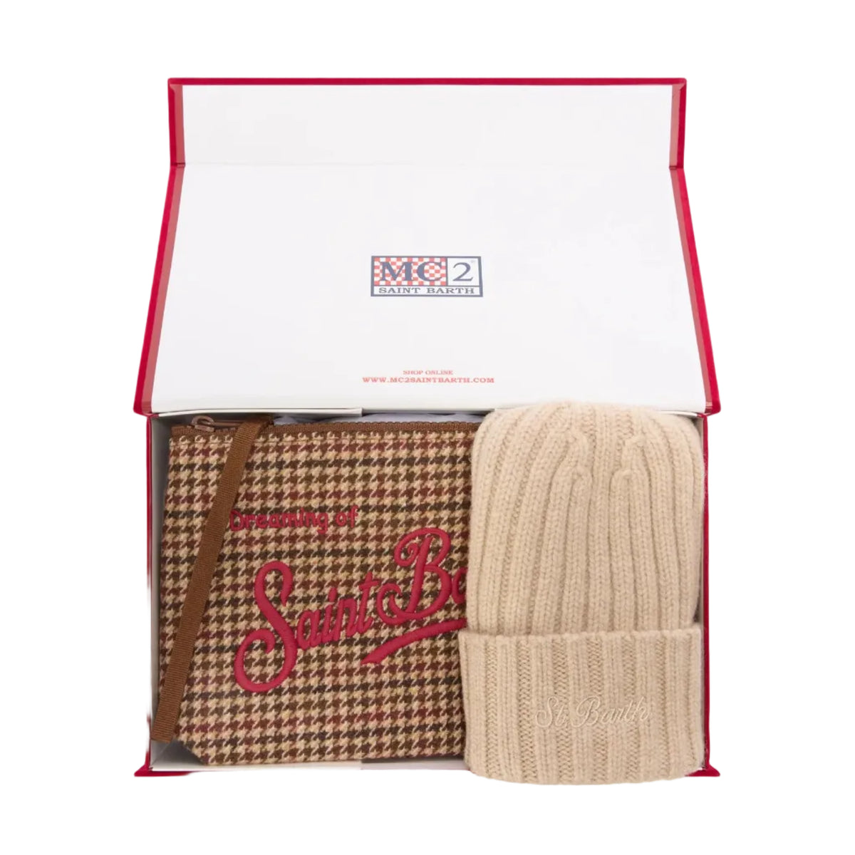 Set pochette con motivo pied de poule e berretto