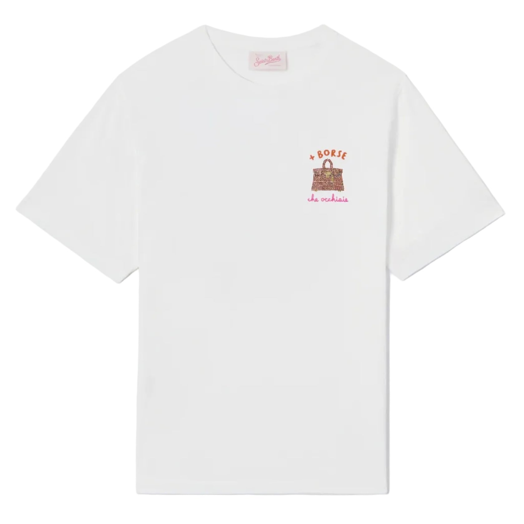 T-shirt Emilie bianca con ricamo + Borse che occhiaie e strass