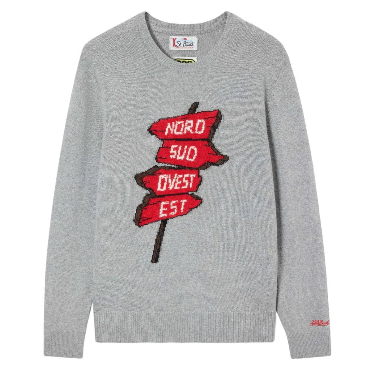 Maglia girocollo Heron grigia con intarsio Nord Sud Ovest Est