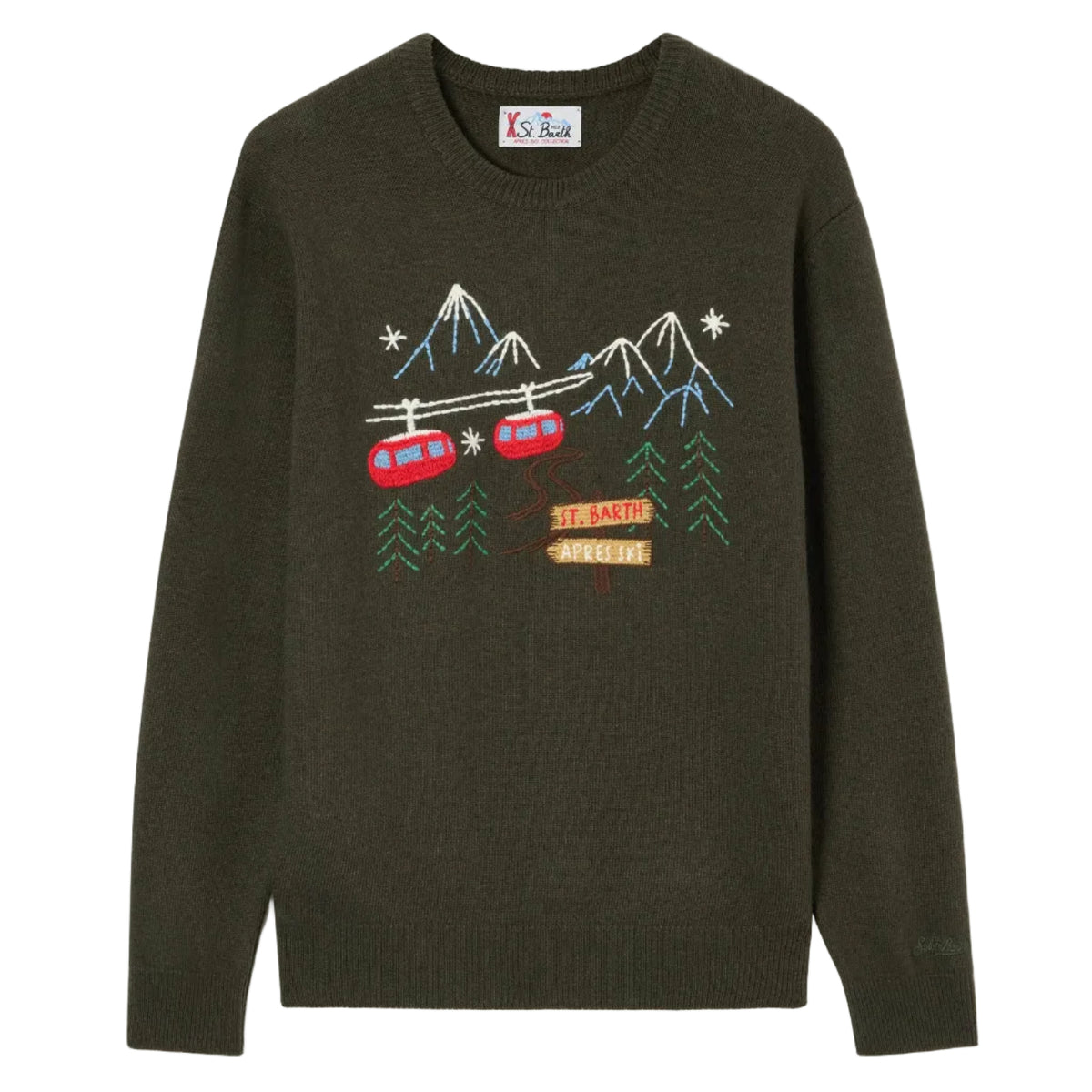 Maglia girocollo Heron verde militare con ricamo montagna