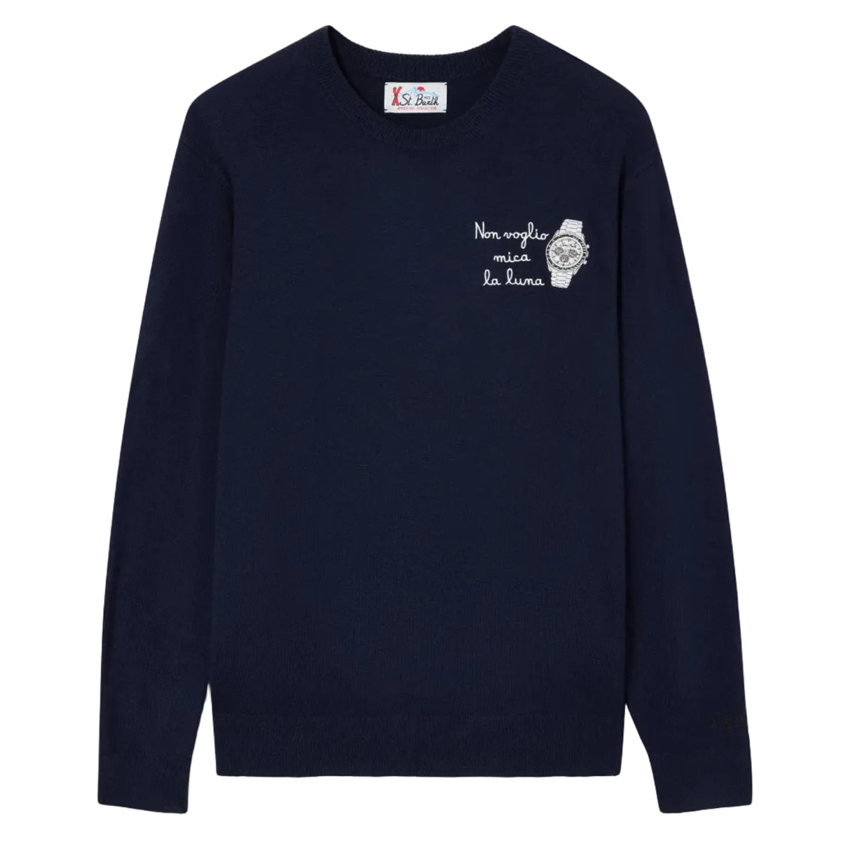 Maglia girocollo Heron Light blu navy in misto lana e cashmere con ricamo Non Voglio Mica La Luna