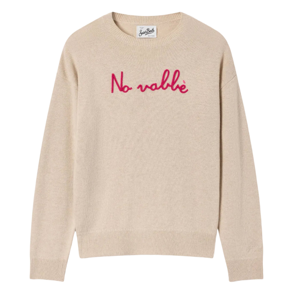 Maglia girocollo Tessa beige in misto lana e cashmere con ricamo No Vabbè